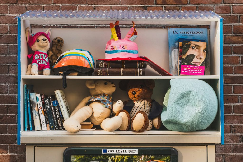 plush animals and toys in a second-hand store